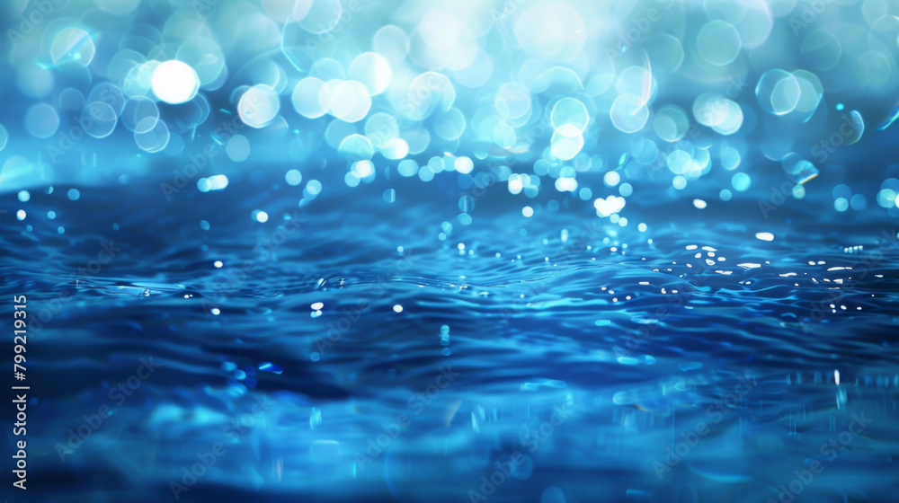 Aufkleber Tranquil blue water surface with soft lighting and defocused bokeh highlights in abstract background