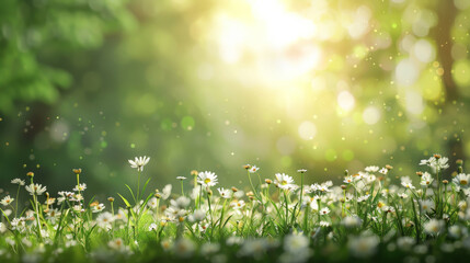 Warm sunlight bathes a lush meadow of white wildflowers, invoking a serene, magical atmosphere