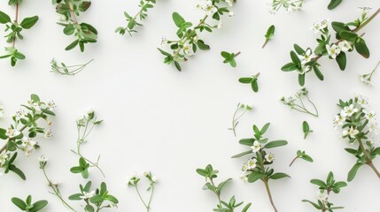 Fresh Thyme Leaves and Flowers Closeup on White Background Generative AI