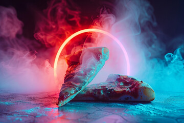 A piece of pizza that looks almost surreal, with light cyan, red, and blue neon lights creating a...