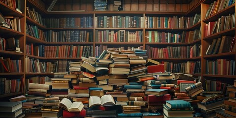 Piles of Books in Library
