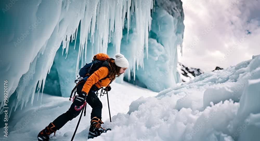 Wall mural Climber climbing in the snow.