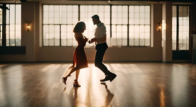 Couple dancing salsa in a dance hall.