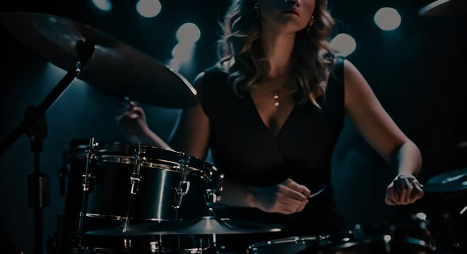 Female drummer playing the drums.