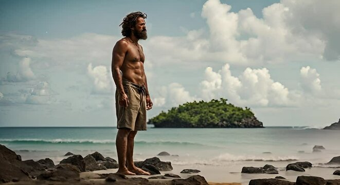 Man shipwrecked on an island.
