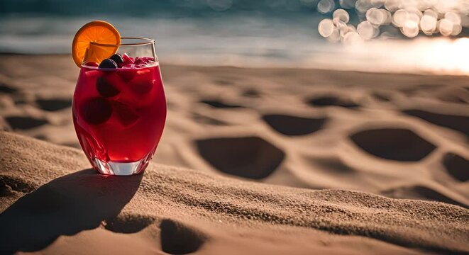 Glass with sangria at beach in Spain.