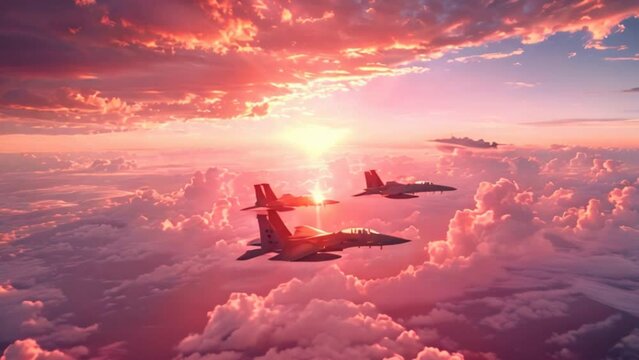 Group of fighter jet at sunset in the sky.