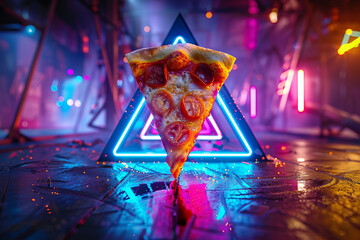 A slice of pizza bathed in a trio of cyan, red, and blue lights, set against the backdrop of an...