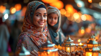 Ai Generative photo of a happy muslim family with ramadan lanterns in streets