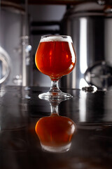 Imperial IPA in glass goblet inside a stainless steel brewery with industrial equipment