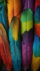 A colorful image of many different colored feathers, Colorful feathers of birds, image of birds feathers. ai generated