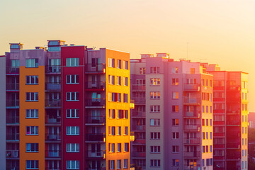 Dynamic colors of a European complex stand out in the late afternoon light, offering a picturesque scene against the backdrop of a clear sky.