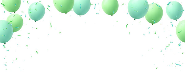 green balloons and confetti for grand opening luxury greeting card vector illustration. frame template