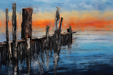 Deserted Dock Dreariness, abstract landscape art, painting background, wallpaper, generative ai