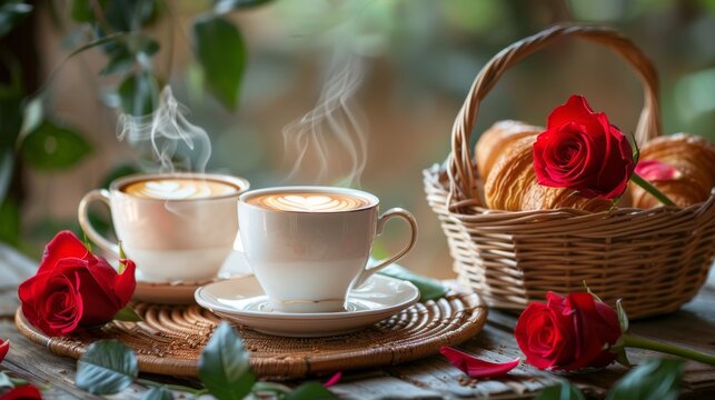 A white coffee cup with a heart on it sits on a table next to a basket of croiss