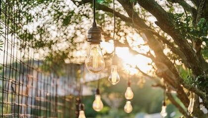 Garden Glow: Tree-Hung Light Bulb in Wedding Celebration, celebration, tree, candle, light, home, design, vase, house, bouquet, cemetery, winter