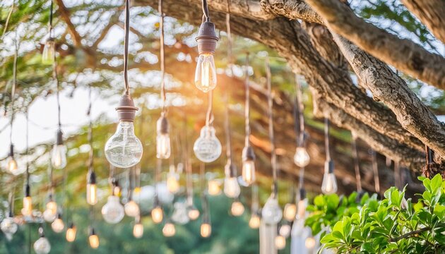 Garden Brilliance: Hanging Light Bulb Adds Sparkle to Weddin, celebration, tree, candle, light, home, design, vase, house, bouquet, cemetery, winter