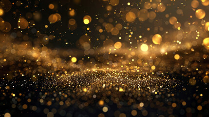 Golden bokeh lights and glitter on a dark background, perfect for festive events