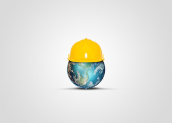 World Day for Safety and Health at Work 3d illustration concept. The planet Earth and the helmet symbol of safety and health at work place. international labour day banner, poster, social media post.