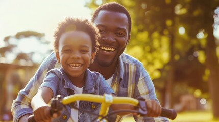 The picture of the father and son is learning to riding the bicycle together under sunlight surrounded with nature, riding bicycle require skill like balance, safety awareness and persistence. AIG43.