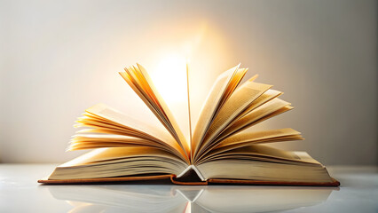 Open book on wood planks over abstract light background