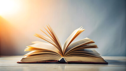 Fototapeta premium Open book on wood planks over abstract light background