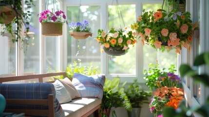 Fototapeta na wymiar Bright and serene sunroom with lush hanging plants and cozy seating area