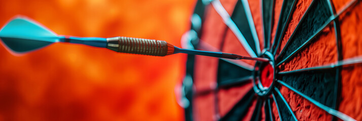 High-resolution image capturing the moment of success with a blue dart perfectly hitting the bullseye on a red and black dartboard