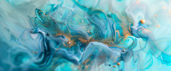 Ethereal turquoise marble ink meanders serenely through a captivating abstract scene, adorned with delicate glitters.