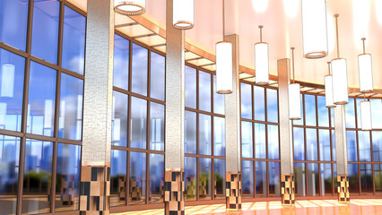 Luxury interior of atrium in a commercial, business center or exhibition with designer ceiling lighting, columns and round glass facade. 3d illustration