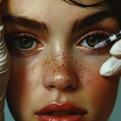 Close-up snapshot of plasmolifting procedure injection. Plasma injection into skin under eyes of patient. Cosmetologist's hands in black gloves making beauty injection. Concept of beauty salon