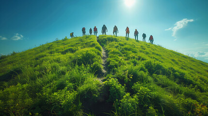 A group of people stand proudly atop a lush green field, celebrating Labor Day together under the clear blue sky