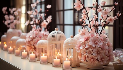 A beautiful image of a table decorated with pink flowers and candles.