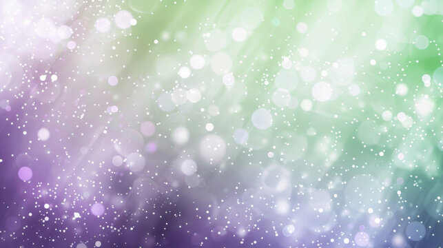 Pastel bokeh background with shimmering light particles in shades of purple and green