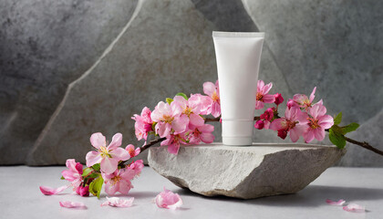 White blank cream tube and beautiful spring flowers on stone pedestal. Mock up for beauty product