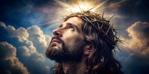 The face of Jesus Christ wearing a crown of thorns looks towards the sky. High quality photo