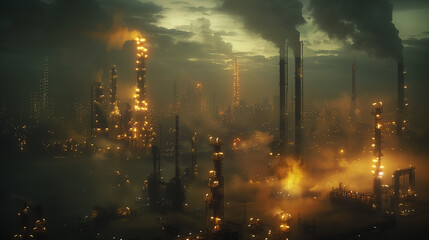 Towering Fossil Fuel Refineries Shrouded in Hazy, Muted Chiaroscuro Lighting during Industrial Revolution Era - obrazy, fototapety, plakaty
