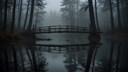 a decrepit wooden bridge over a river in a rustic setting