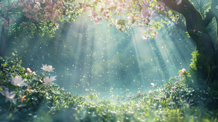 Magical forest scene with sun rays piercing through blooming trees and floating petals