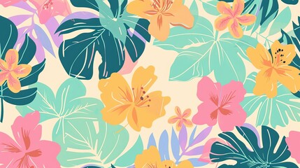 Pastel summer Seamless Pattern Background with palm leaves and pink flowers