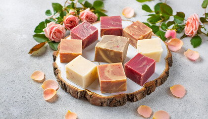 Close-up of handmade soap bars and roses. Spa and selfcare organic product.