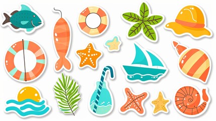 set of summer vector stickers solid white background