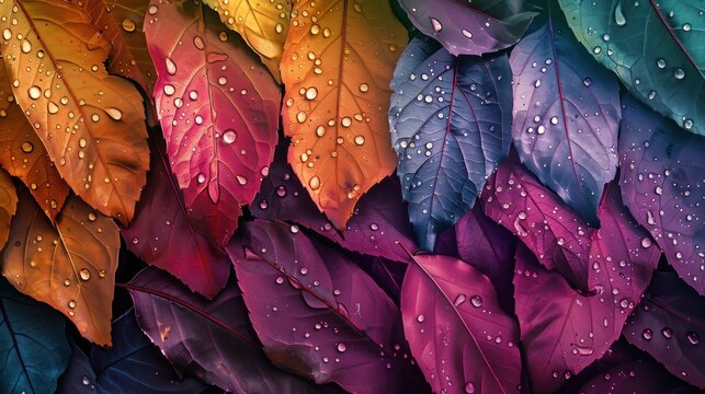 A colorful leafy background with drops of water on the leaves. The colors are vibrant and the water droplets add a sense of freshness and life to the scene