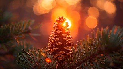 The setting sun casts a warm glow on a pine cone, creating a beautiful and serene scene