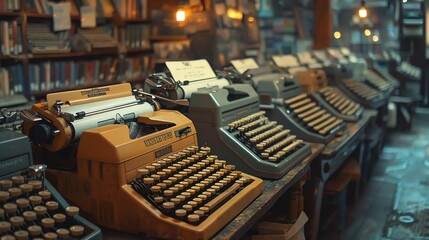 A library full of vintage typewriters.