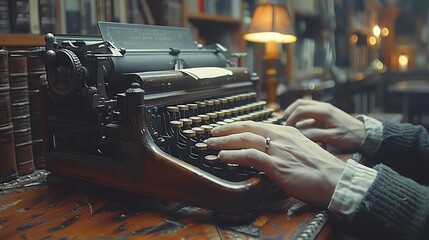 A person is typing on a vintage typewriter in a dimly lit room.