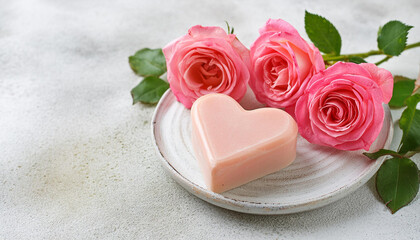 Obraz na płótnie Canvas Close-up of handmade soap bar in shape of heart and roses. Spa and selfcare organic product.
