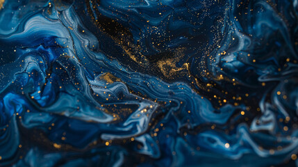 Ethereal sapphire shadows marble ink adorned with radiant citrine glitters, casting a celestial...