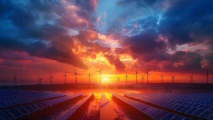 Harnessing Renewable Energy: Sunset with Wind Turbines, Solar Panels, and Battery Energy Storage System. Concept Renewable Energy, Wind Turbines, Solar Panels, Battery Storage, Sustainability