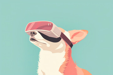 Cute dog wearing virtual reality goggles on blue background